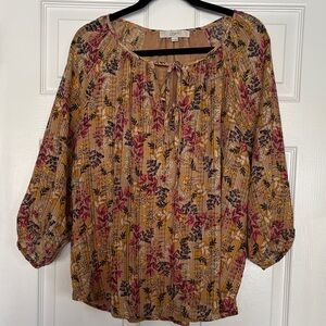 LOFT Women's Blouse - Mustard with Pink and Black Floral